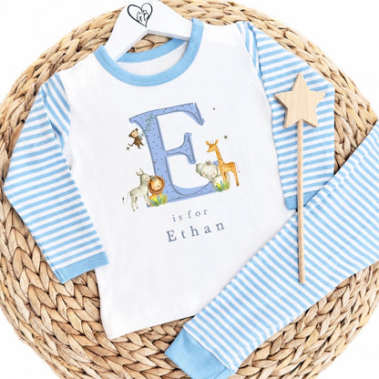 Personalised Boys Gifting Pyjamas Blue Stripe - Safari Initial Design