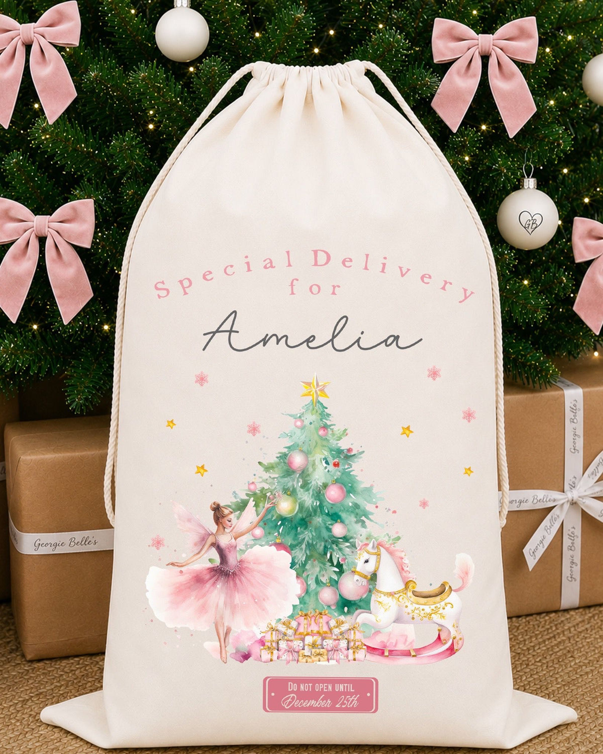Luxury Personalised Premium Cotton Christmas Sack | Personalised Santa Sack | Pink Nutcracker Ballerina Design