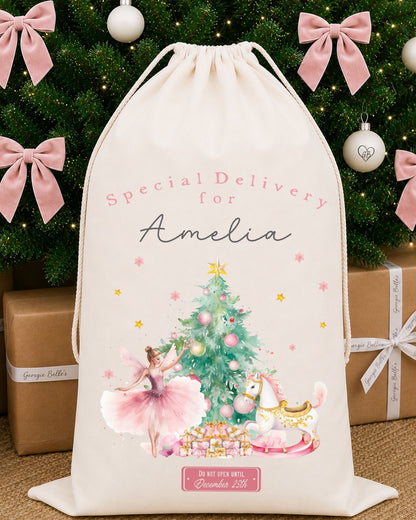 Luxury Personalised Premium Cotton Christmas Sack | Personalised Santa Sack | Pink Nutcracker Ballerina Design