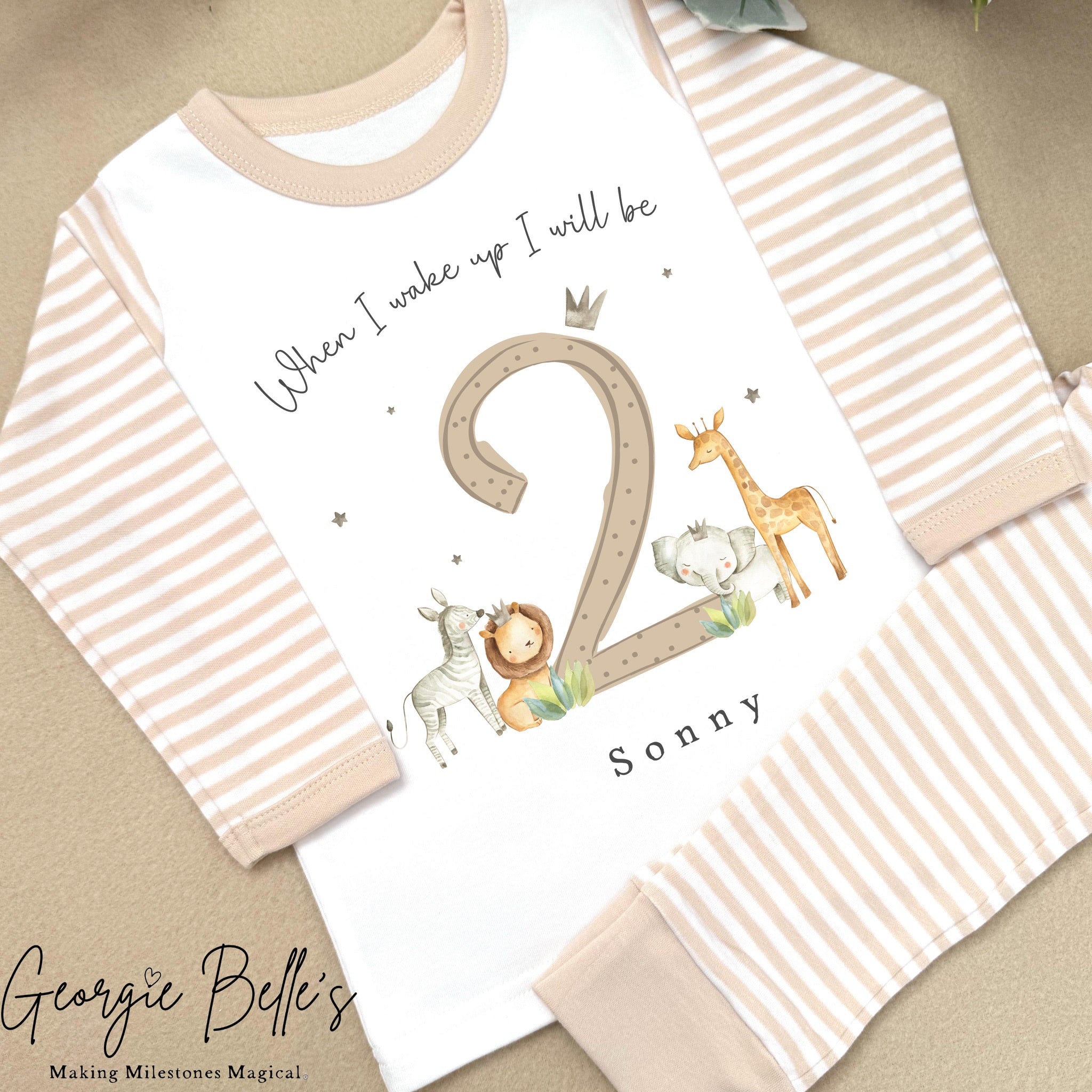 Personalised Beige Stripe Birthday Pyjamas - Beige Safari Number Design