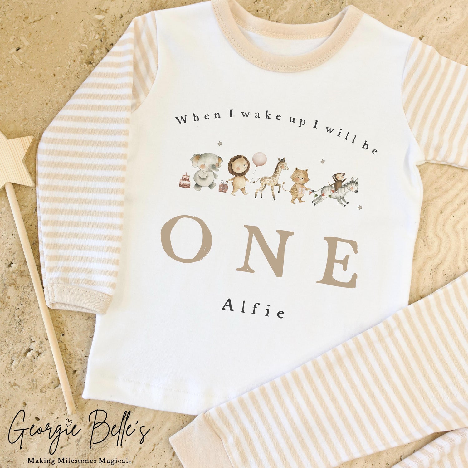 Personalised Beige Stripe Birthday Pyjamas - Animal Parade Design