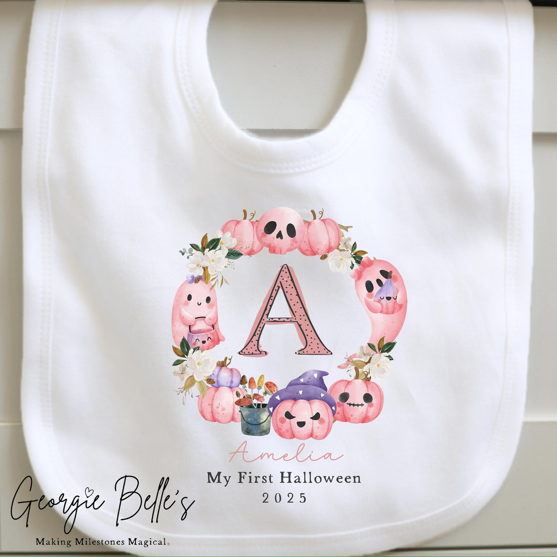 Personalised Halloween Bodysuit / Sleepsuit - My First Pink Wreath Design