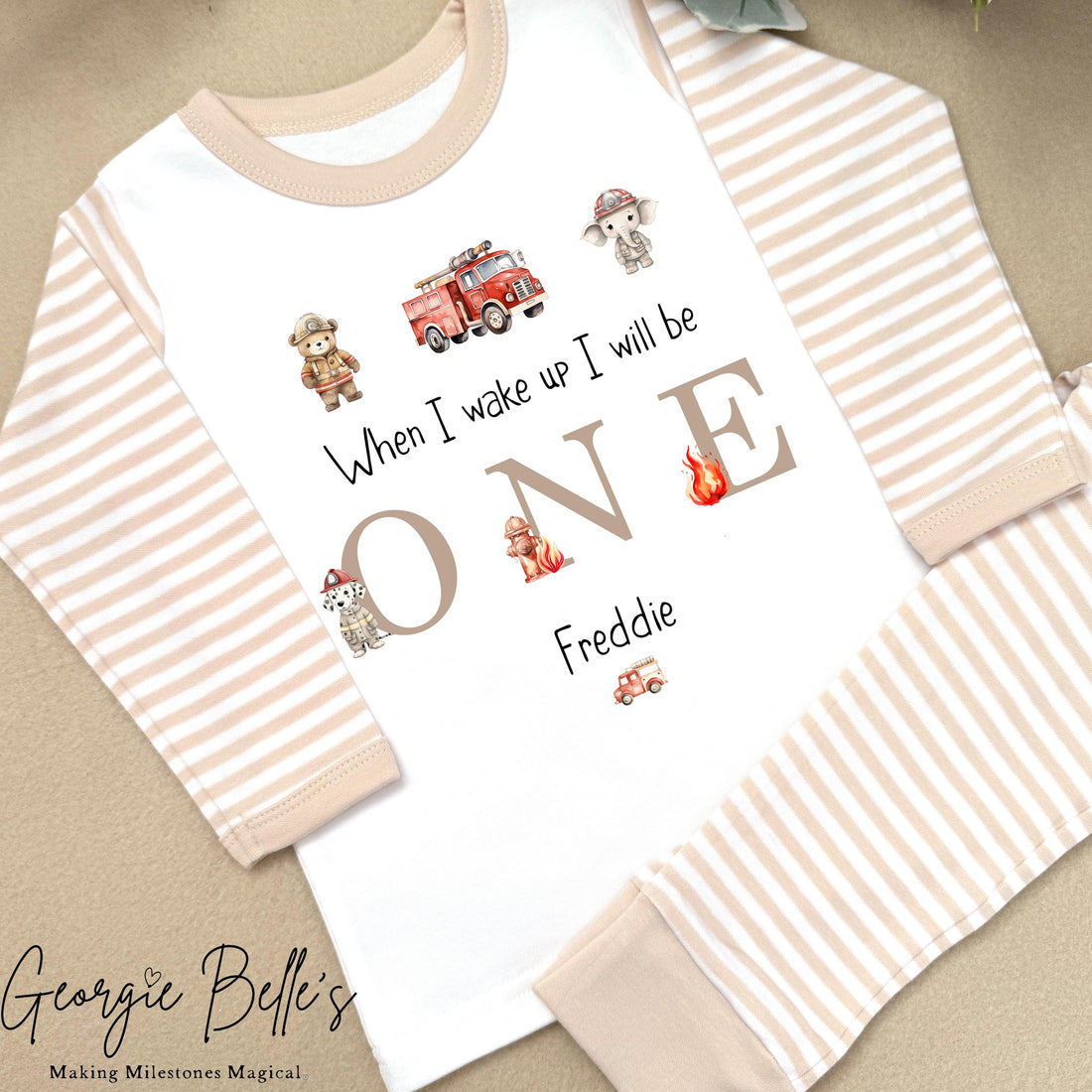Personalised Beige Stripe Birthday Pyjamas - Beige Fire Engine Design