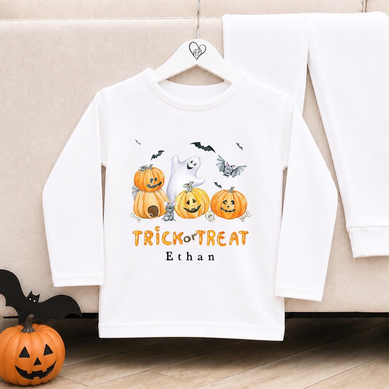 Personalised Halloween Pyjamas | Matching Sibling Halloween Pyjamas | Trick or Treat Pumpkin Design