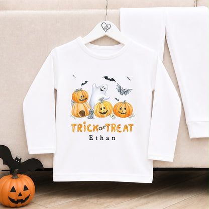Personalised Halloween Pyjamas | Matching Sibling Halloween Pyjamas | Trick or Treat Pumpkin Design