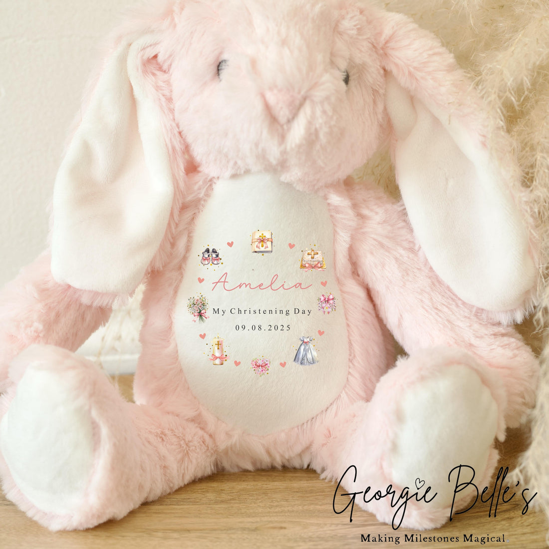 Personalised Christening Pink Bunny - Blue Wreath Design