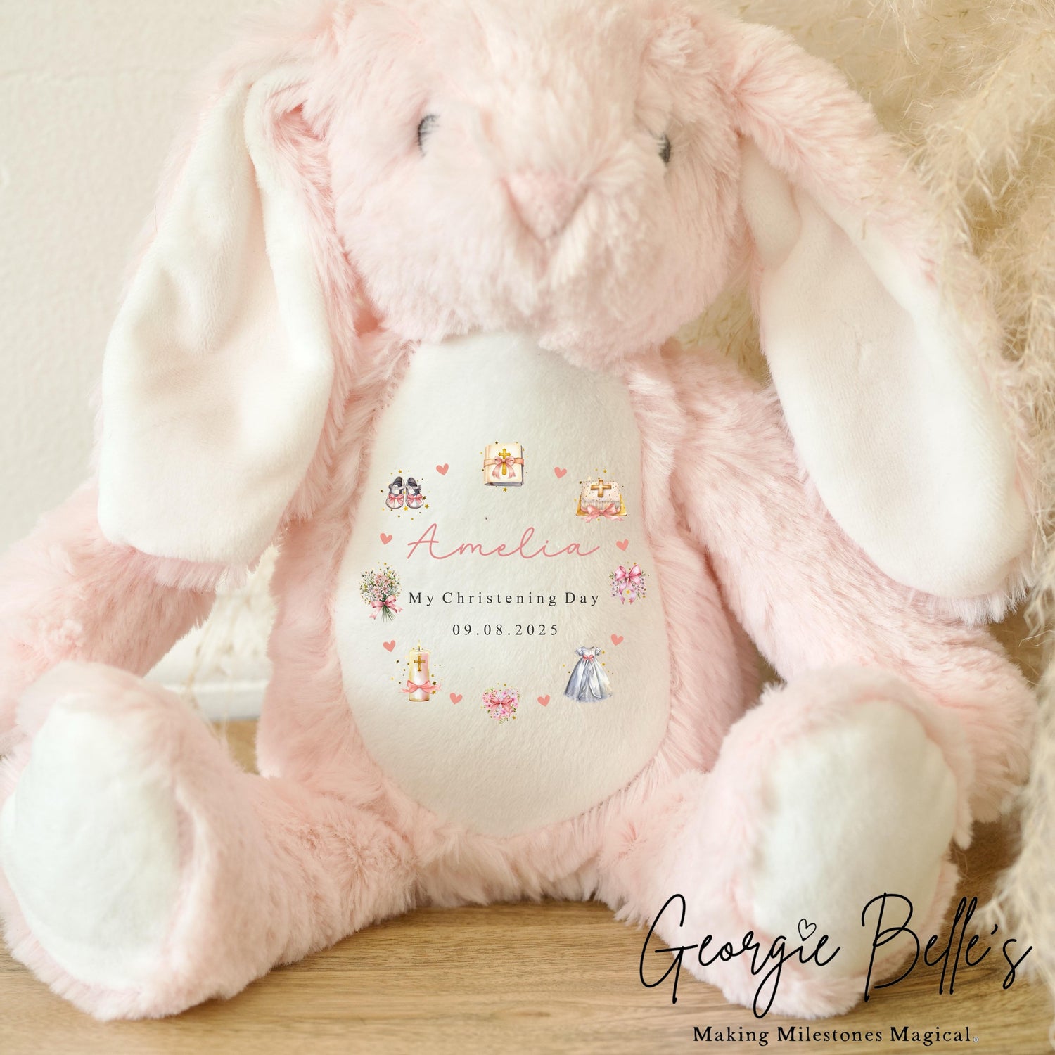 Personalised Christening Pink Bunny - Blue Wreath Design
