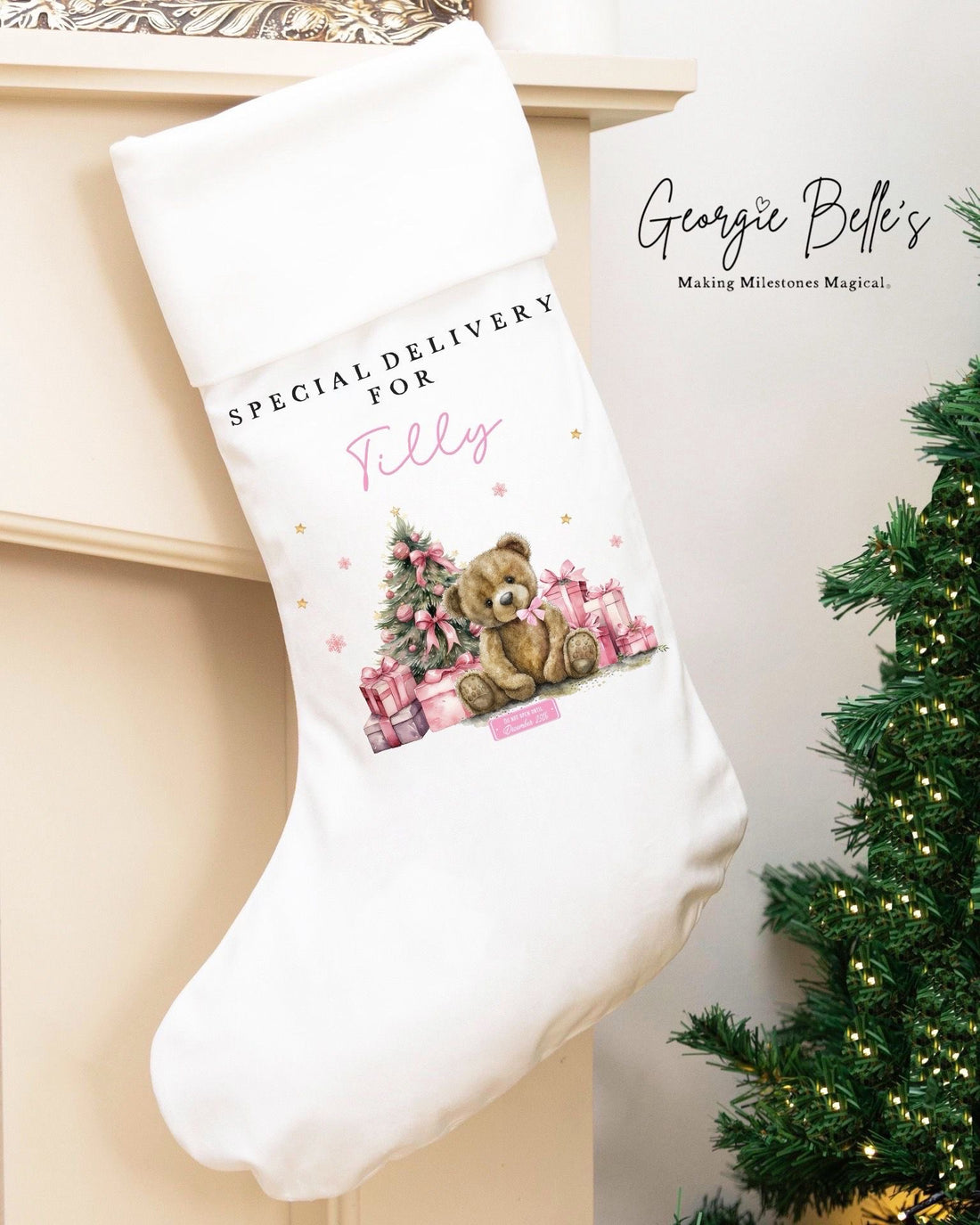 Personalised Luxury Christmas Stocking - Pink Bear Design