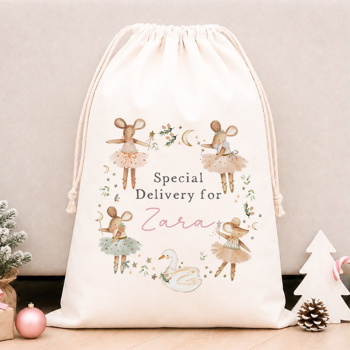 Luxury Personalised Premium Cotton Christmas Sack | Personalised Santa Sack | Pink Mice Wreath Design