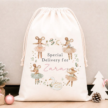 Luxury Personalised Premium Cotton Christmas Sack | Personalised Santa Sack | Pink Mice Wreath Design