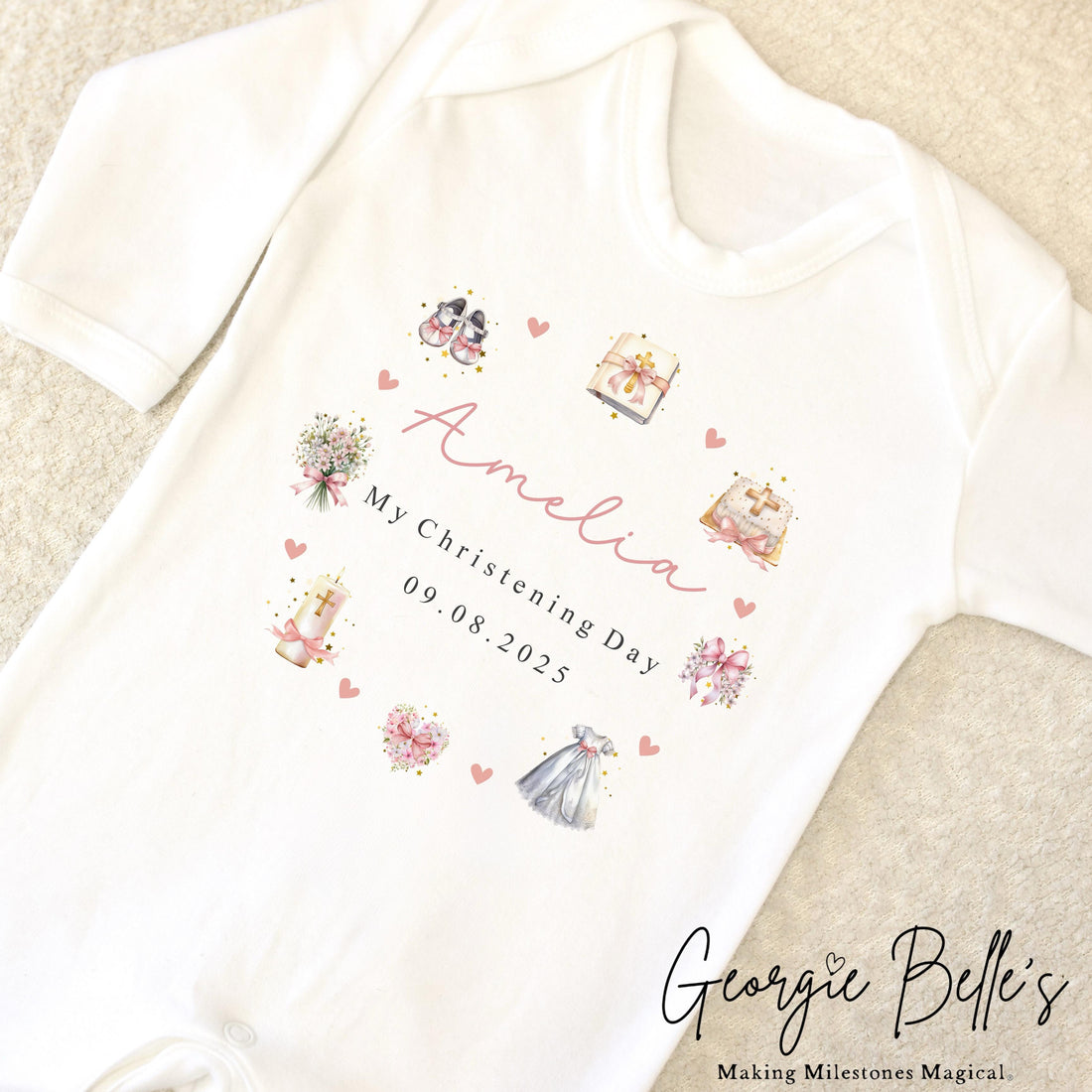 Personalised Christening Babygrow / Vest - Pink Wreath Design