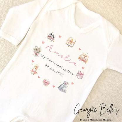 Personalised Christening Babygrow / Vest - Pink Wreath Design