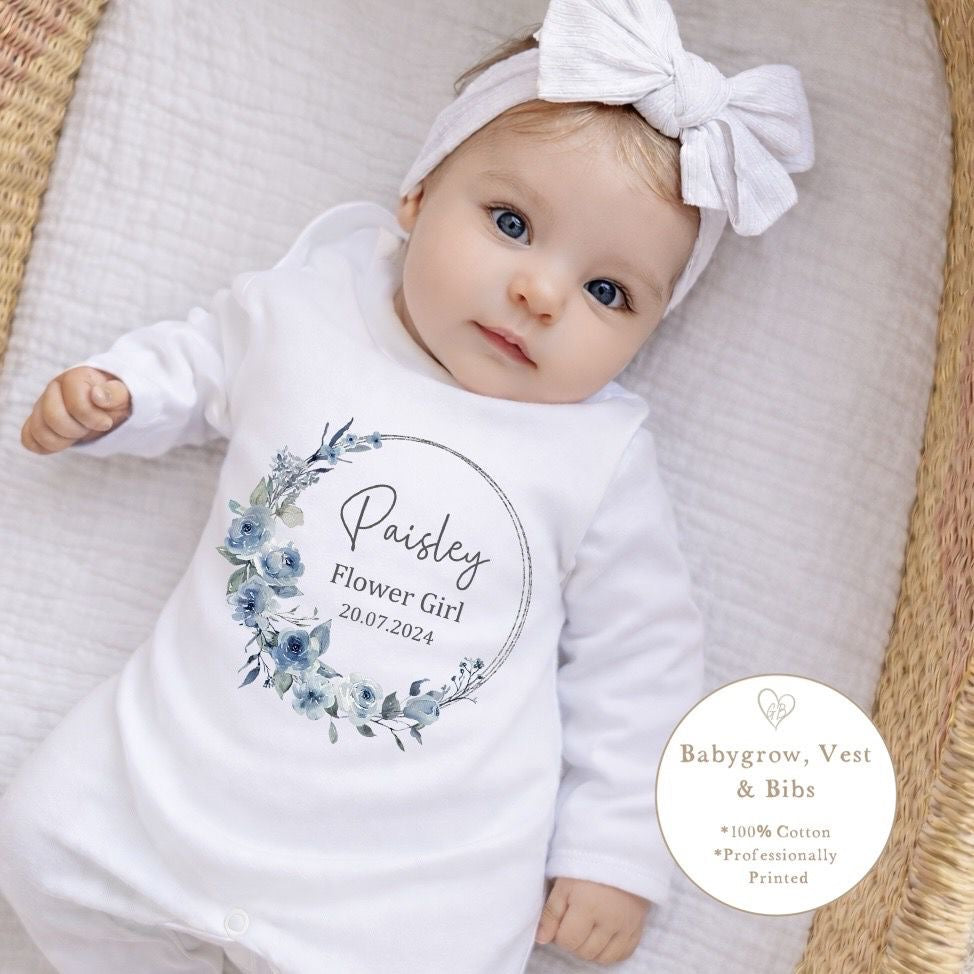 Personalised Flower Girl Babygrow / Short Sleeve Vest - Dusky Blue Wreath Design