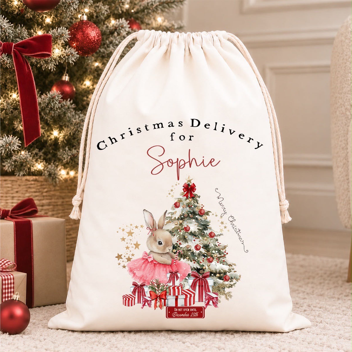 Luxury Personalised Premium Cotton Christmas Sack | Personalised Santa Sack | Red Bunny Design