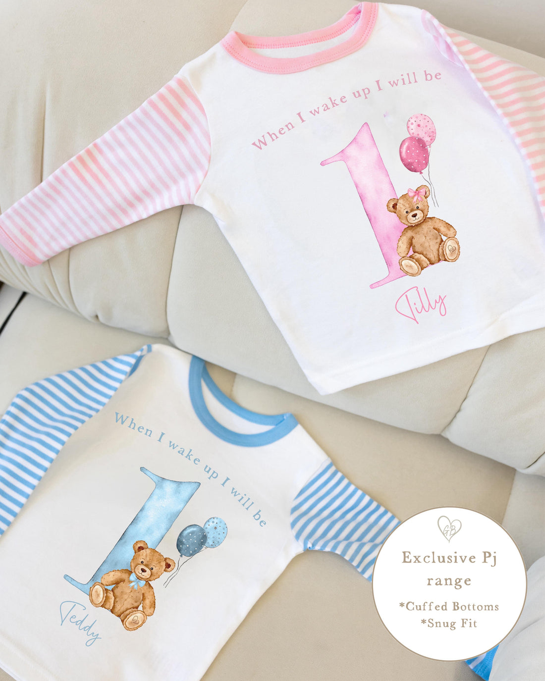 Pink &amp; White Striped Personalised Birthday Pyjamas - Pink Bear Design