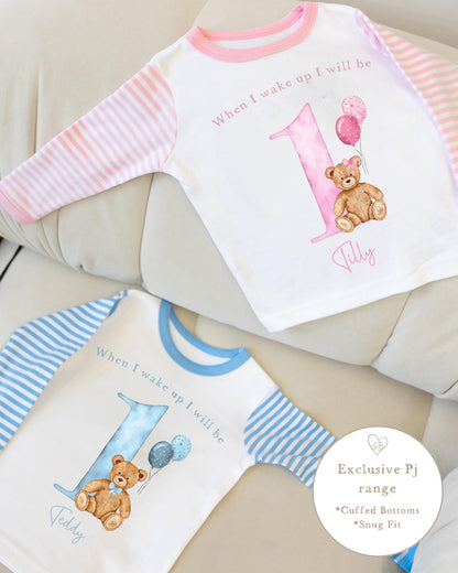 Pink &amp; White Striped Personalised Birthday Pyjamas - Pink Bear Design
