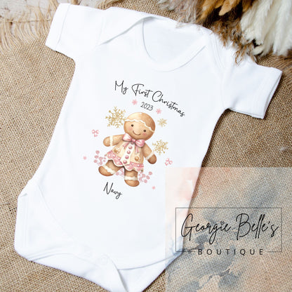 My 1st Christmas Vest / Babygrow - Pink Gingerbread Design
