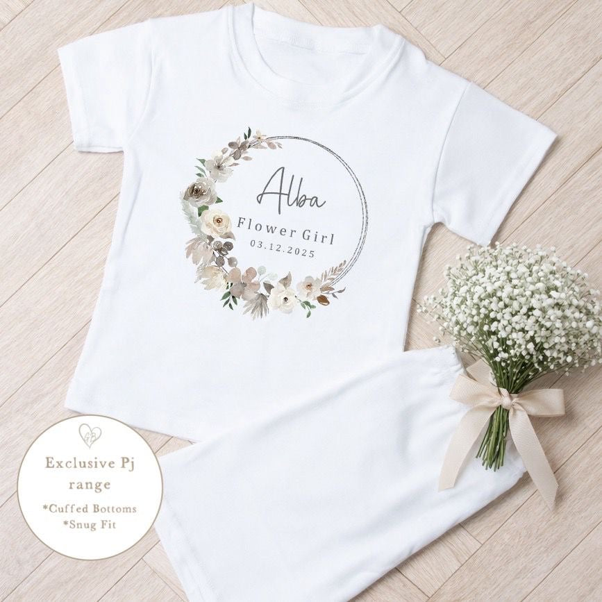 Personalised Flower Girl Short Set Pyjamas - Champagne Wreath Design