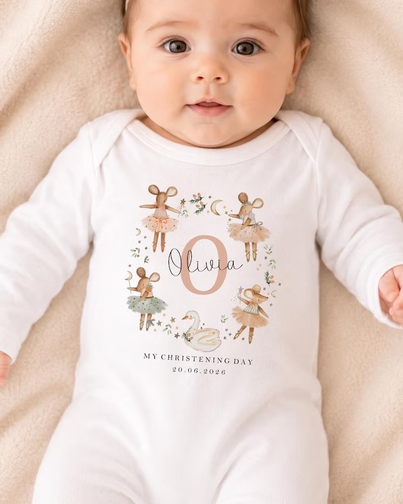 Personalised Christening Babygrow - Mice Wreath Design