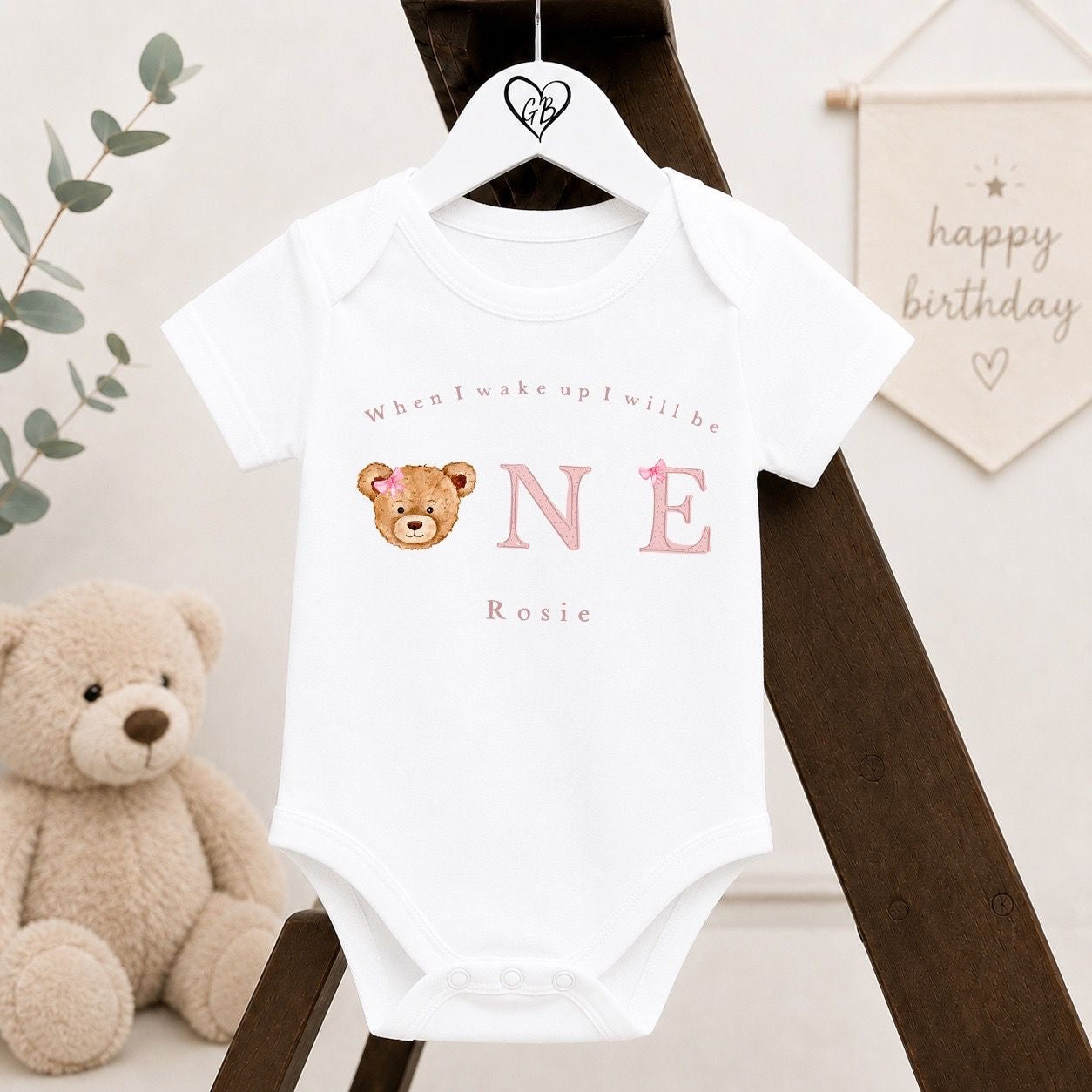 Personalised First Birthday Baby Vest | 1st Birthday Outfit - Pink Bear Head Design