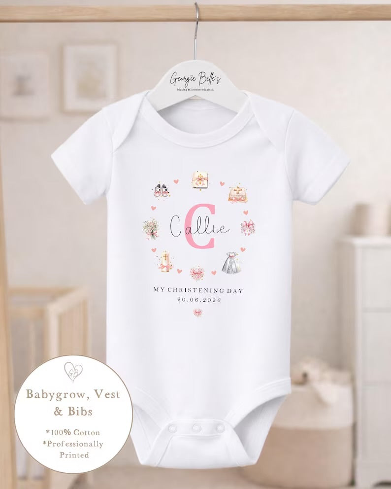 Personalised Christening Babygrow - Pink Wreath Design