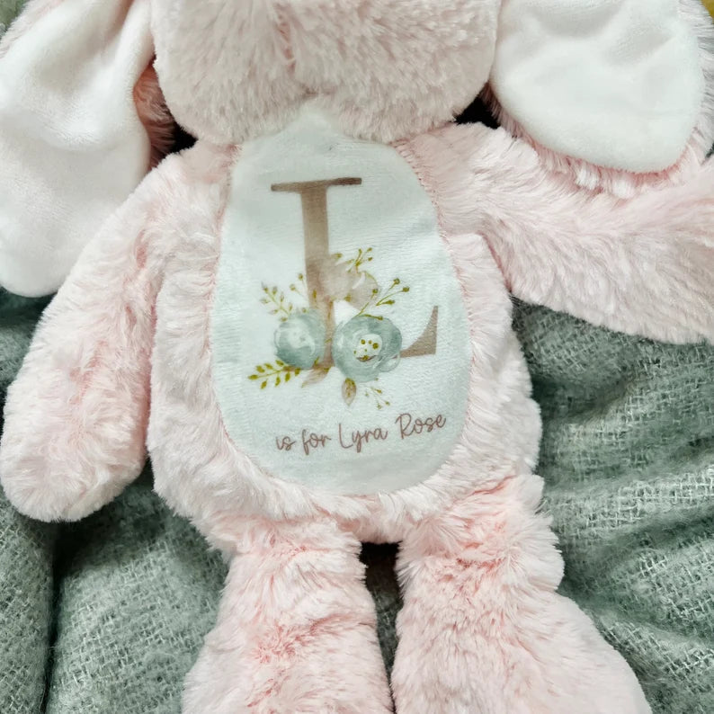 Personalised Pink Bunny Floral Initial Soft Toy