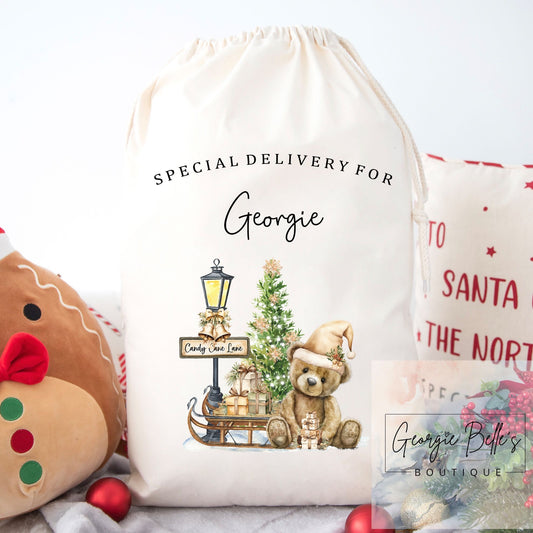 Luxury Premium Cotton Christmas Sack- Nude Teddy Design