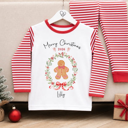 Personalised Christmas Pyjamas for Kids | 100% Cotton Red Stripe | Gingerbread Wreath Design