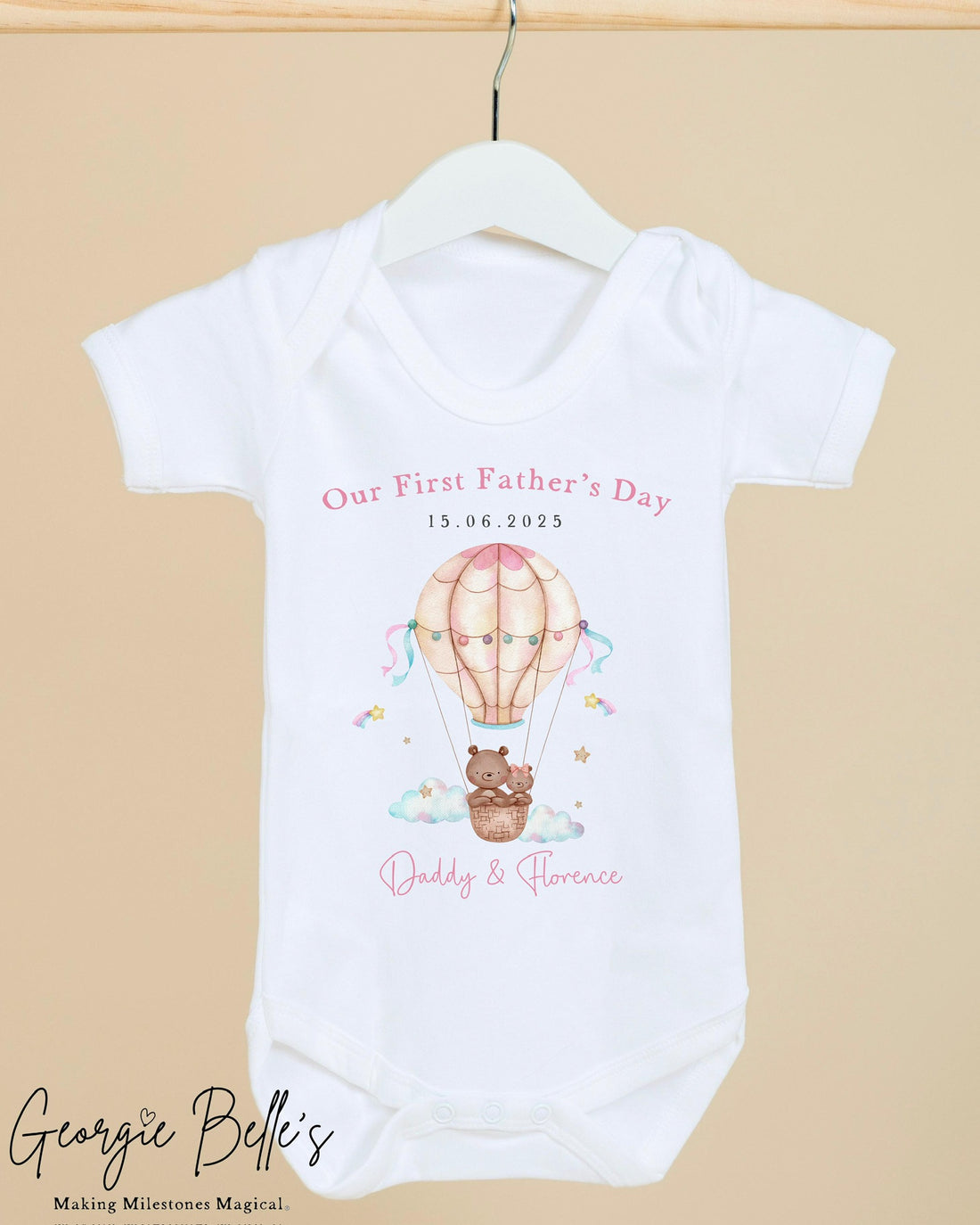 Personalised Father’s Day Baby Vest / Babygrow - Pink Hot Air Balloon Design