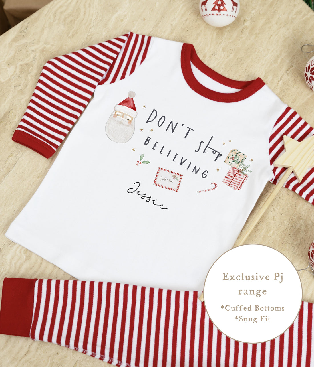 Personalised Red Stripe Christmas Pyjamas - Don’t stop believing Design