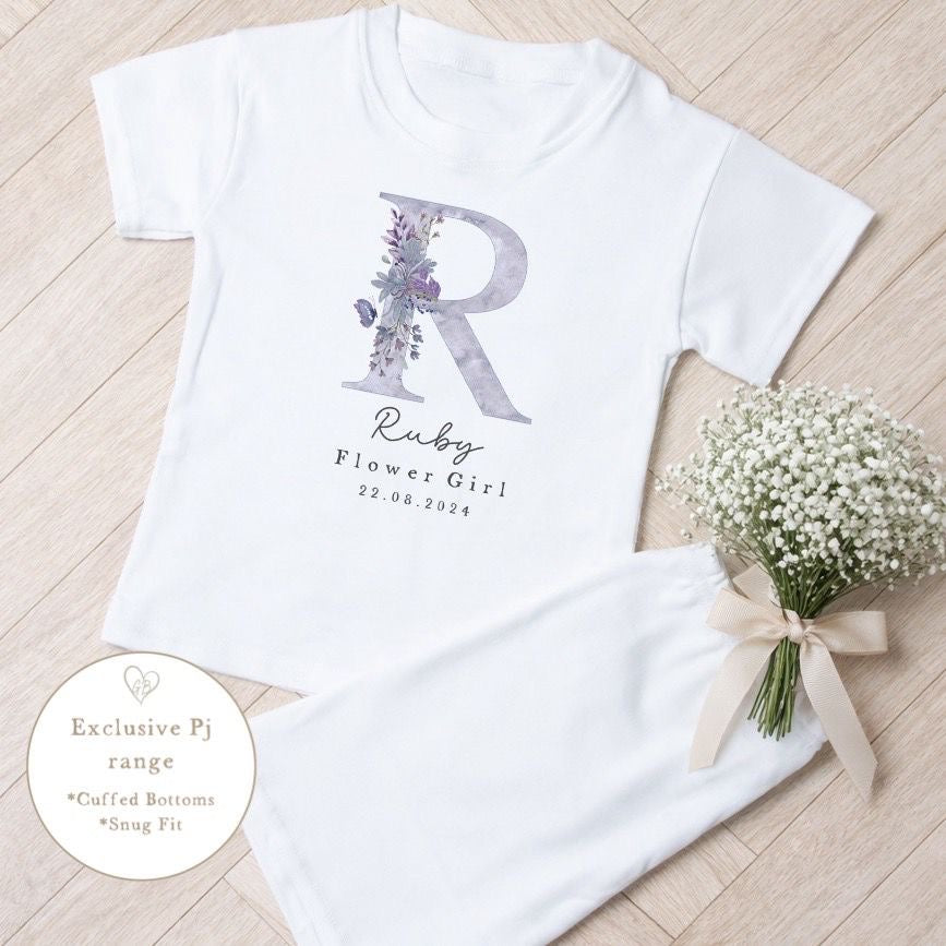 Personalised Flower Girl Short Set Pyjamas - Lilac Initial Design