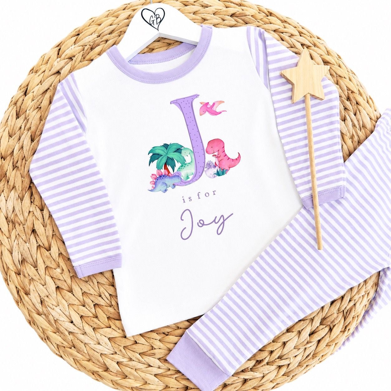 Personalised Girls Gifting Pyjamas Lilac Stripe - Dinosaur Initial Design