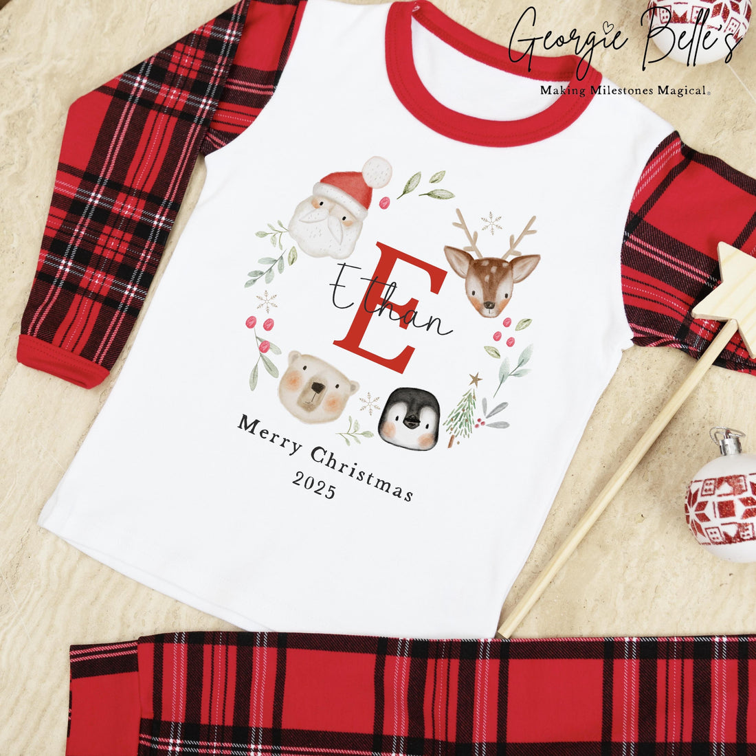 Personalised Tartan Christmas Pyjamas - Christmas Wreath Design