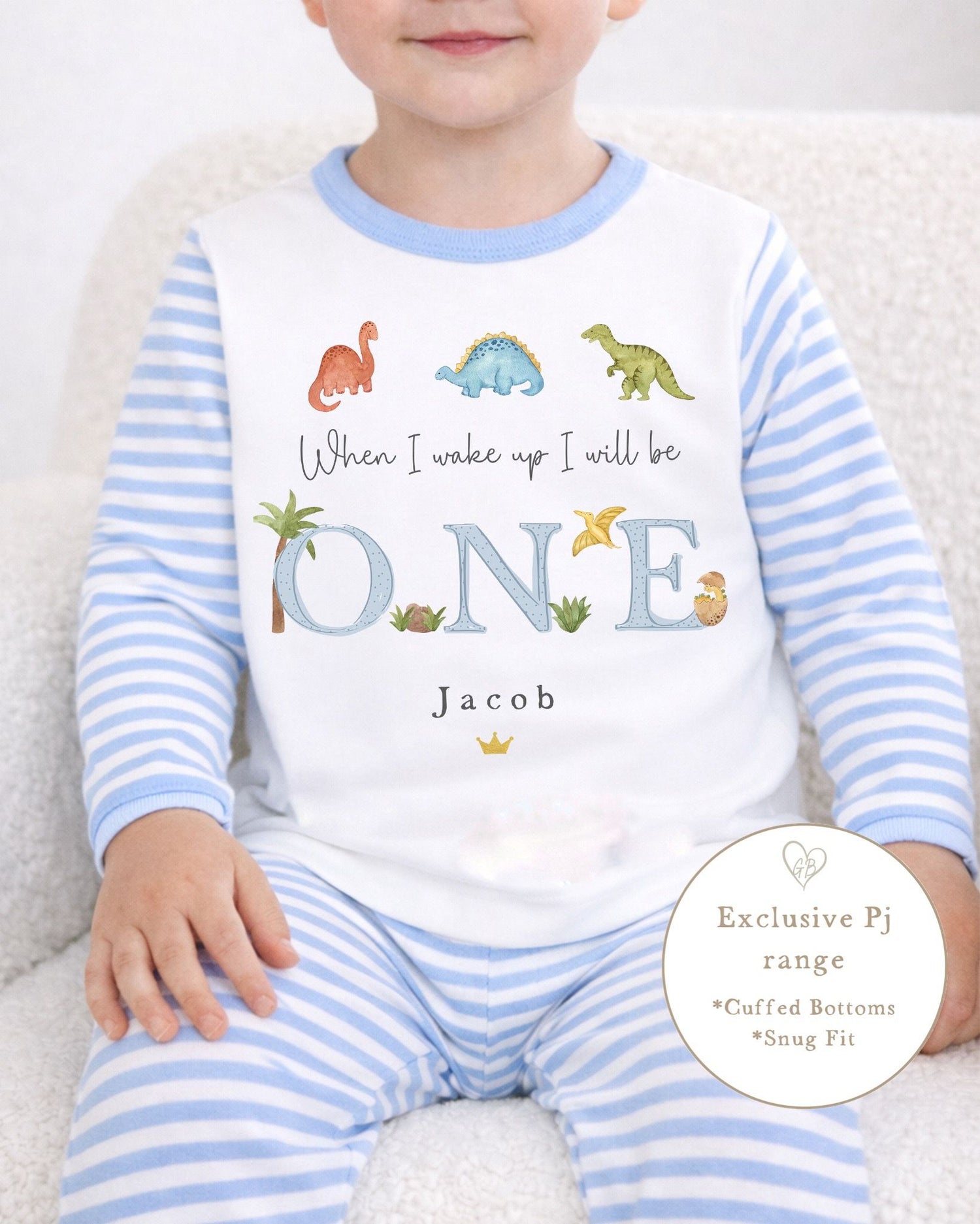 Personalised Blue Stripe Birthday Pyjamas - Dino Trio Design