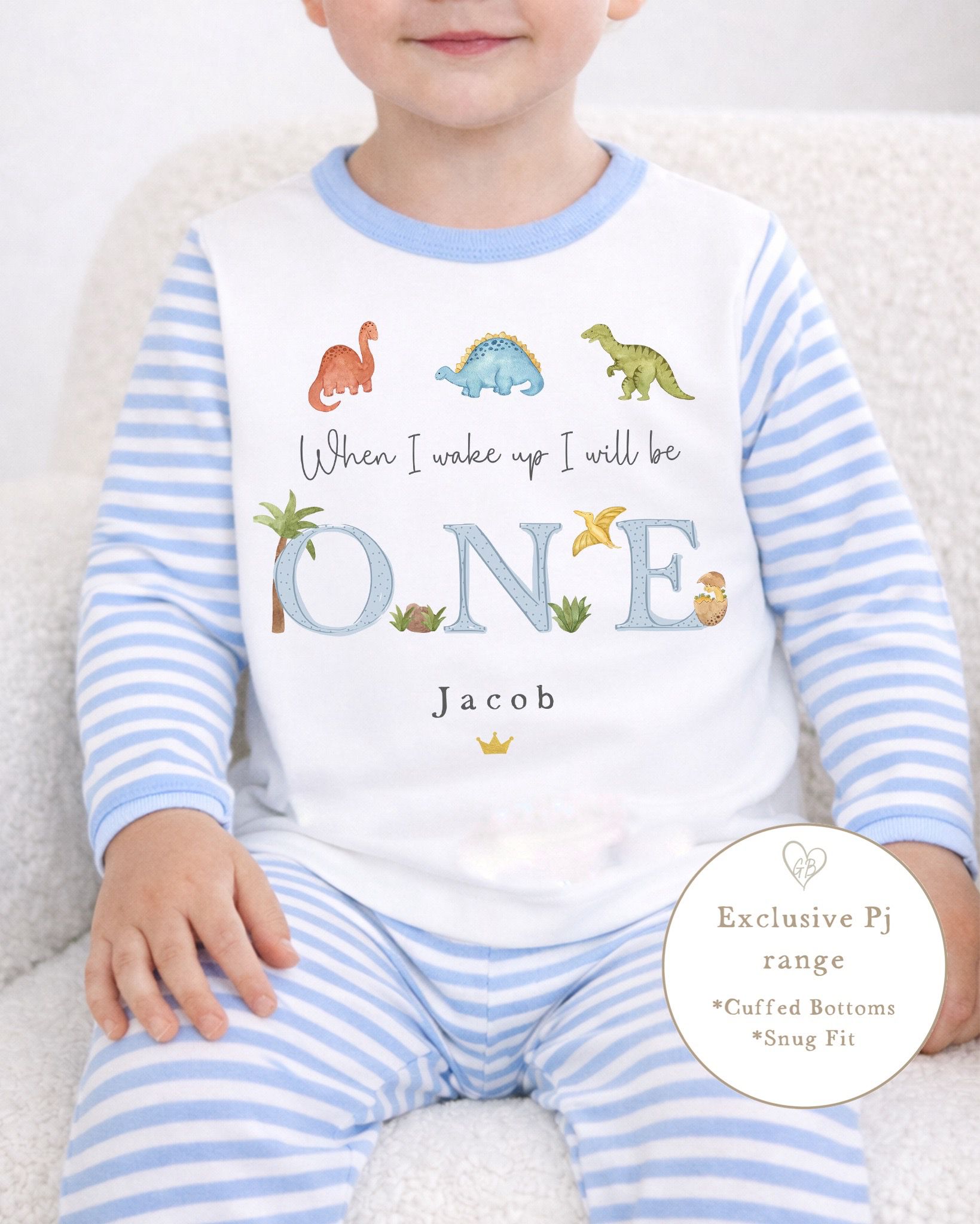 Personalised Blue Stripe Birthday Pyjamas - Dino Trio Design
