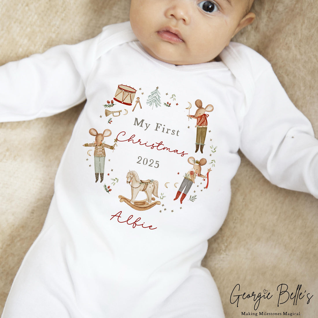 Personalised Christmas Sleepsuit / Bodysuit - First Christmas Red Mice Wreath Design