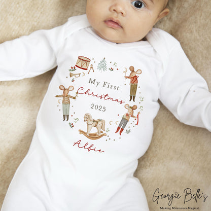 Personalised Christmas Sleepsuit / Bodysuit - First Christmas Red Mice Wreath Design