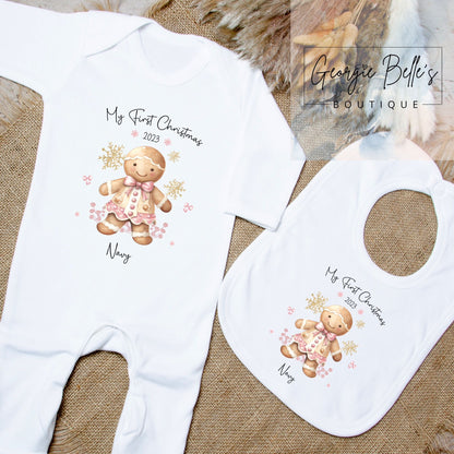 My 1st Christmas Vest / Babygrow - Pink Gingerbread Design