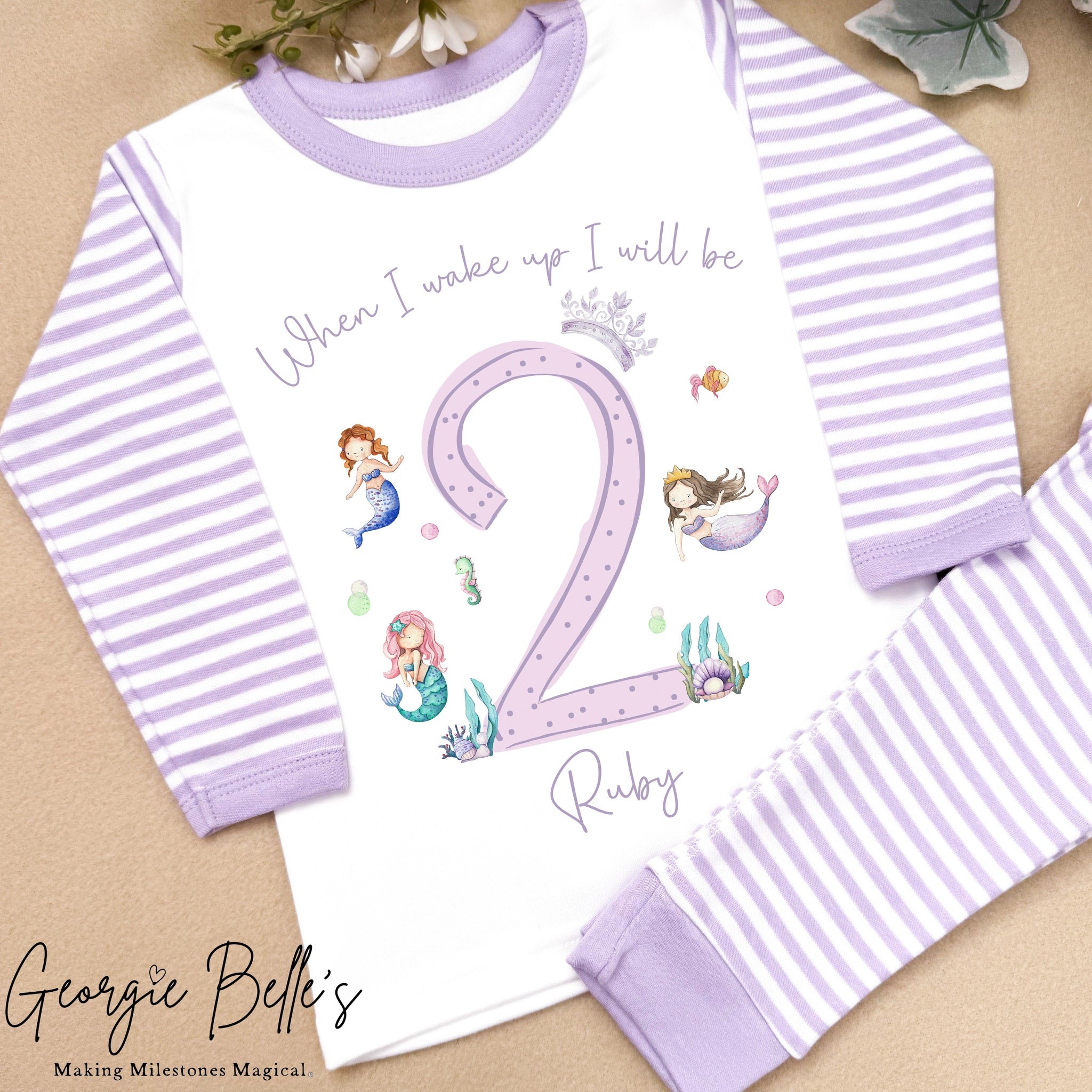 Personalised Lilac Stripe Birthday Pyjamas - Lilac Mermaid Number Design