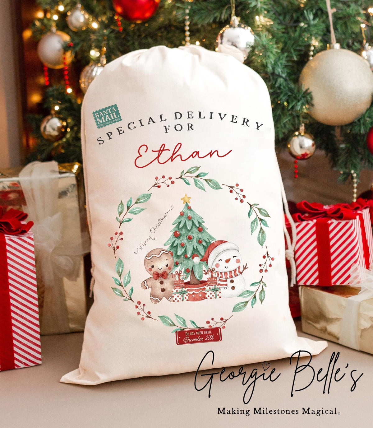 Luxury Personalised Premium Cotton Christmas Sack | Personalised Santa Sack | Xmas Wreath Design