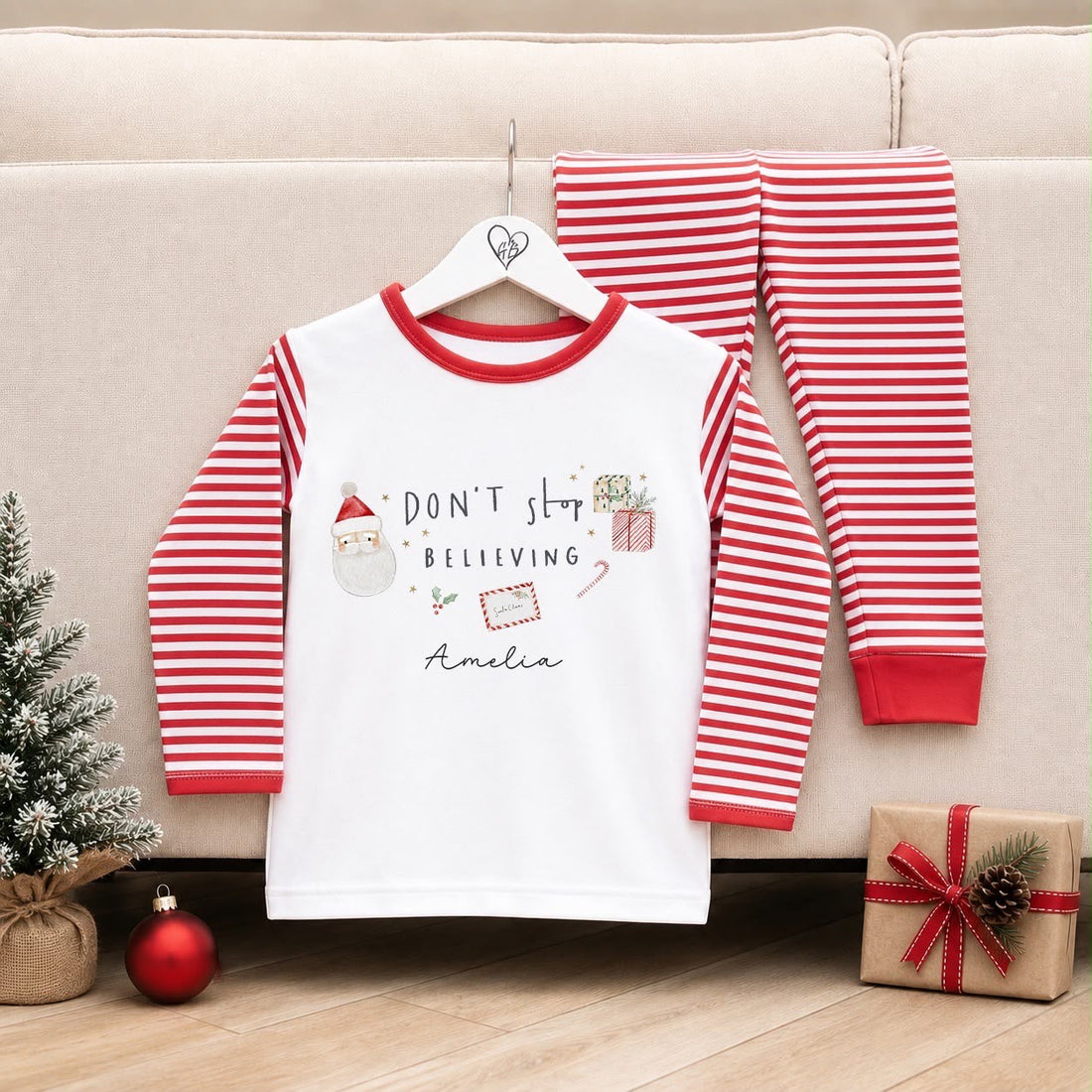 Personalised Christmas Pyjamas for Kids | 100% Cotton Red Stripe | Don’t Stop Believing Design