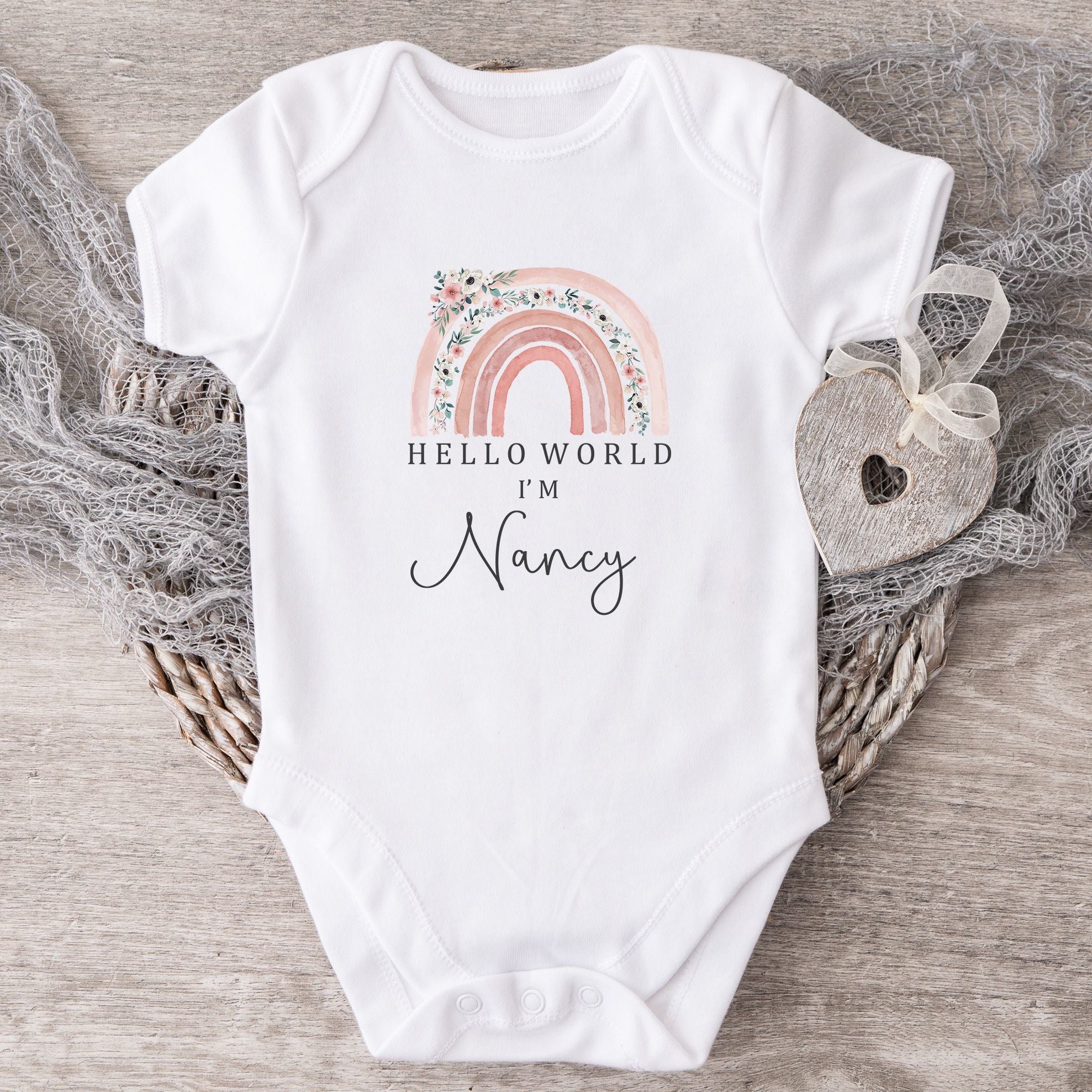 Personalised Baby Announcement Vest / Babygrow - Hello World Pink Rainbow Design