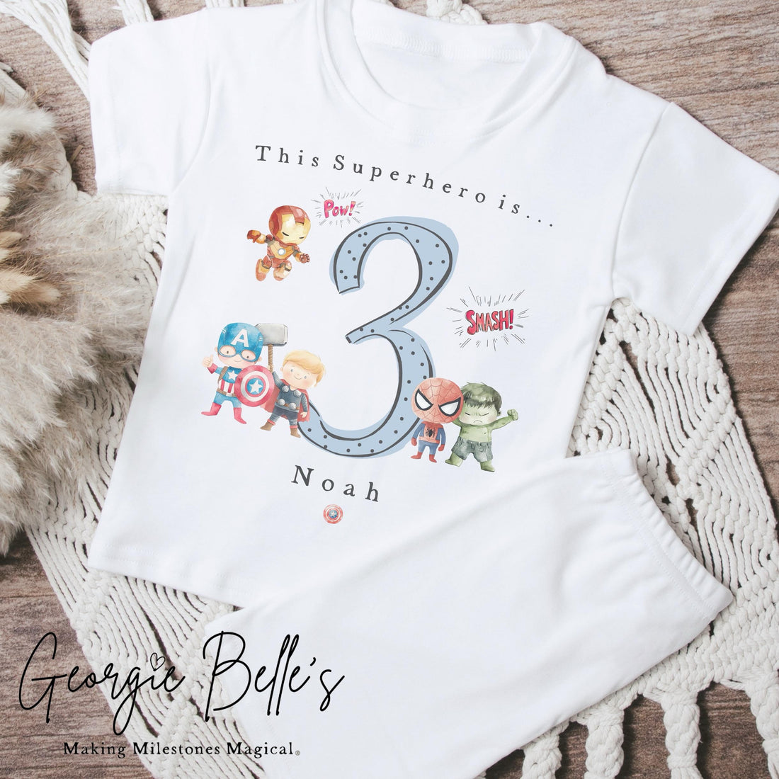 Personalised Short Set Birthday Pyjamas - Blue Superhero Design