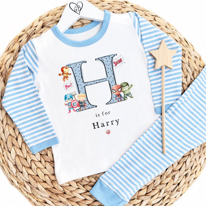 Personalised Boys Gifting Pyjamas Blue Stripe - Superhero Initial Design