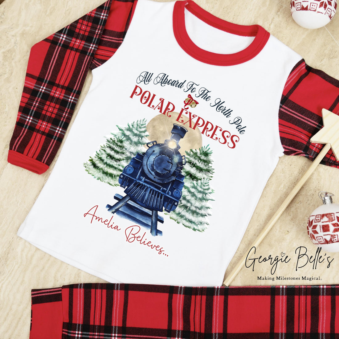 Personalised Tartan Christmas Pyjamas - North Pole Polar Express Design