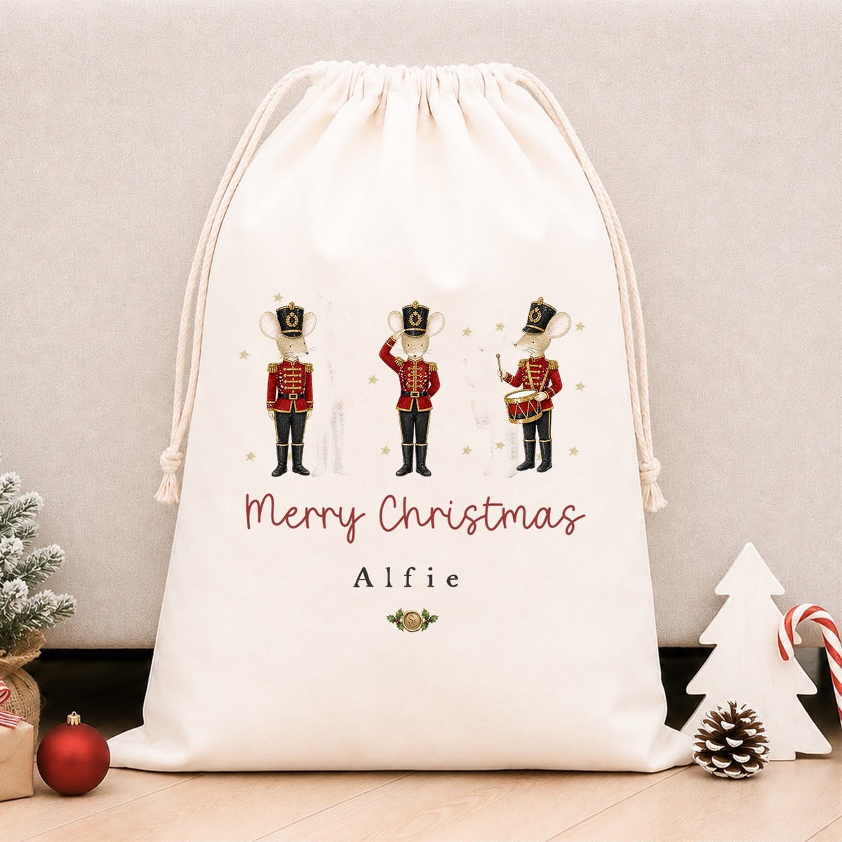 Luxury Personalised Premium Cotton Christmas Sack | Personalised Santa Sack | Mice Solider Merry Trio Design