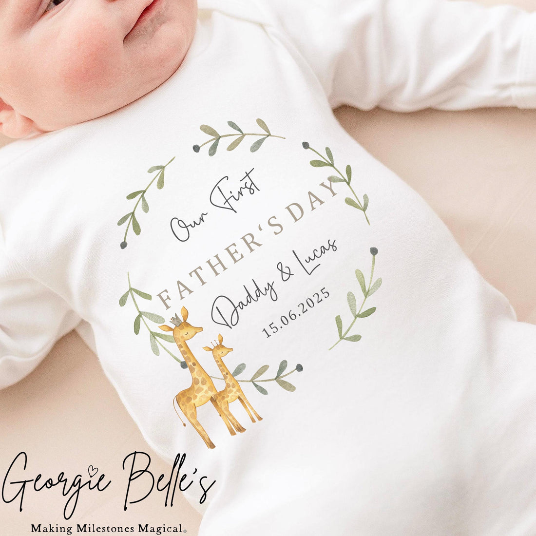 Personalised Father’s Day Baby Vest / Babygrow - Giraffe Wreath Design