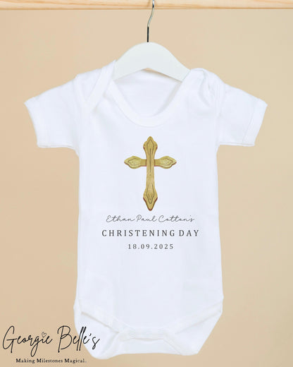 Personalised Christening Babygrow / Vest - Gold Cross Design