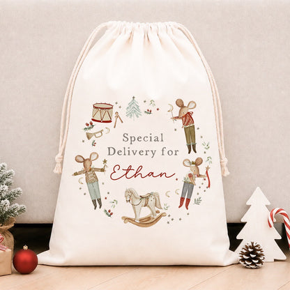 Luxury Personalised Premium Cotton Christmas Sack | Personalised Santa Sack | Red Boy Mice Wreath Design