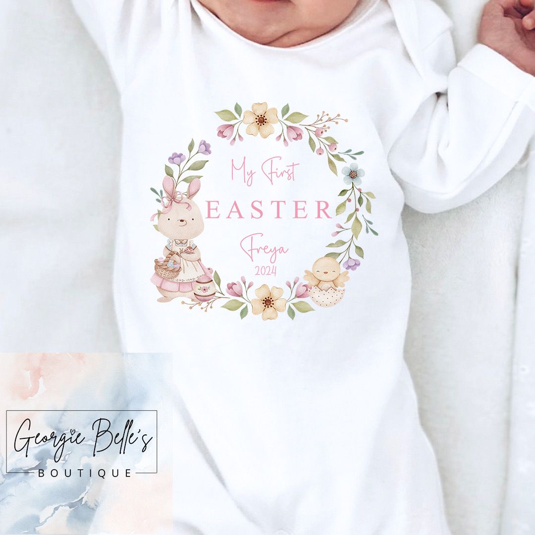 My 1st Easter Personalised Vest / Babygrow - Easter Floral Wreath
